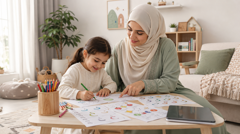 أم تستخدم ملفات تأسيس مطبوعة مع طفلها في المنزل