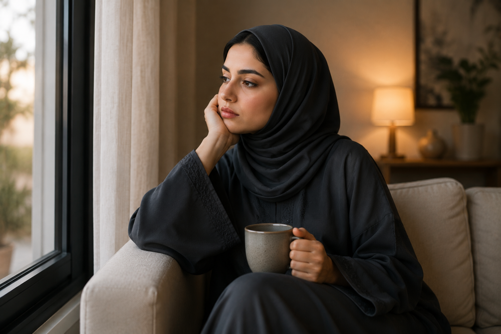 امرأة تحاول التحكم في غضبها واستعادة هدوئها أثناء الخلافات