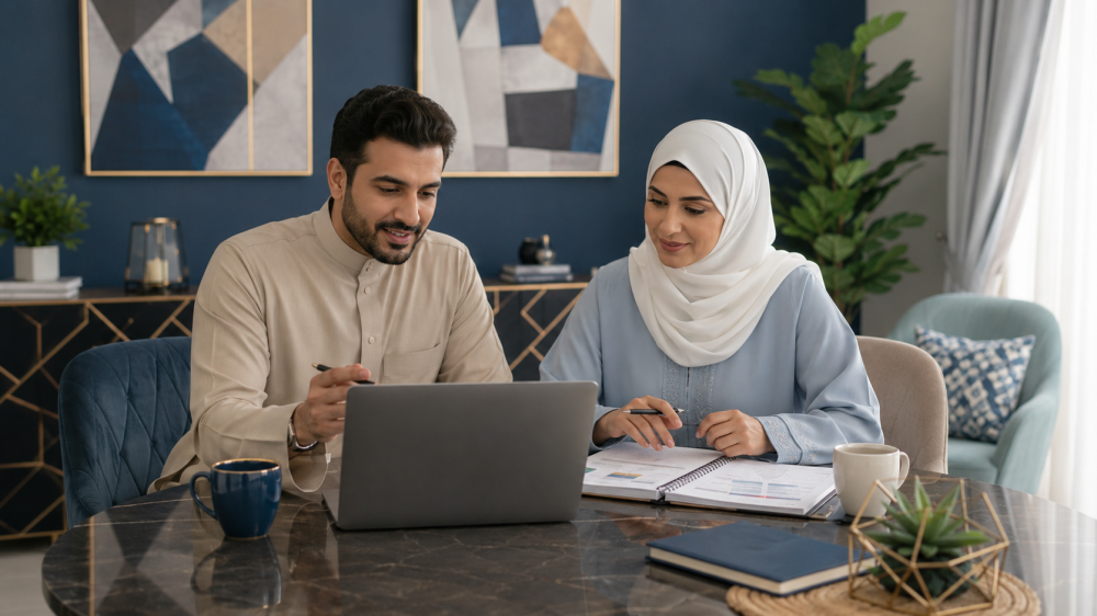 زوجان يقرآن كتاب الحياة الزوجية الرقمي معًا