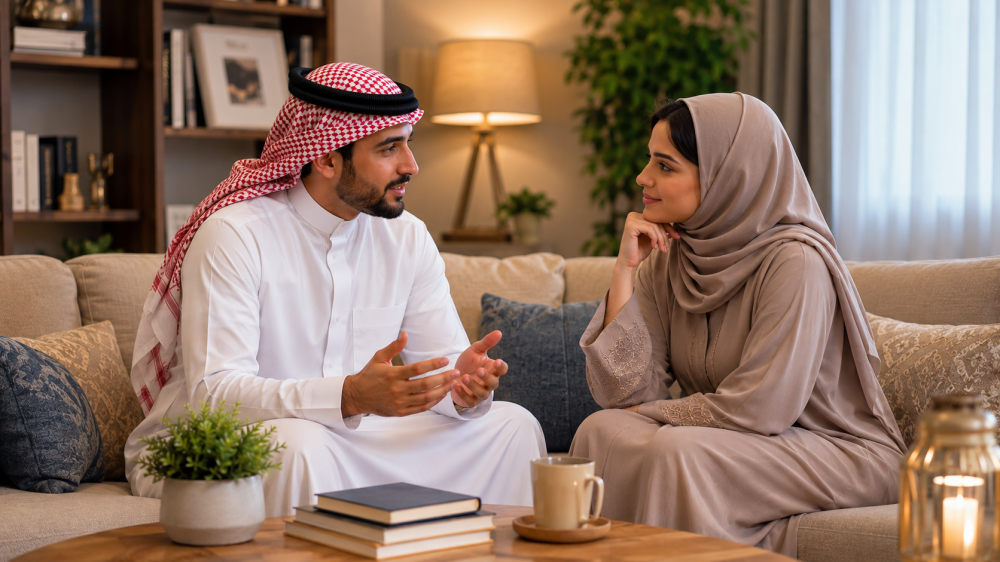 زوجان يتحدثان بهدوء عن بداية الحياة الزوجية