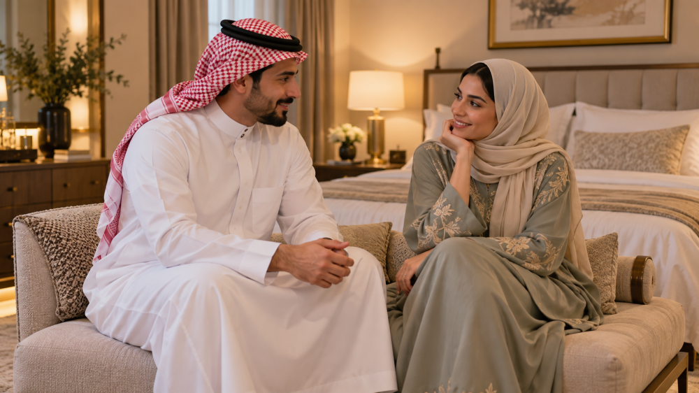 زوجان يتحدثان عن التهيئة والمتعة المشتركة في العلاقة الزوجية