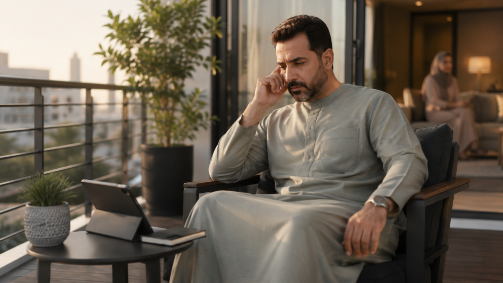 زوج يفكر بهدوء بعد تعبه من أسلوب زوجته
