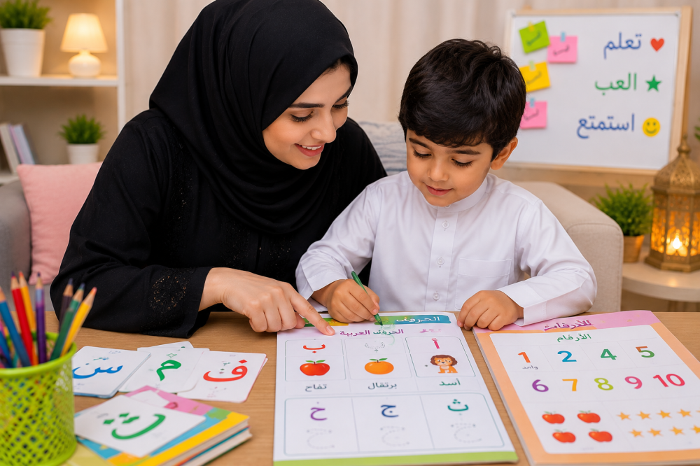 أم تساعد طفلها على التركيز أثناء نشاط تعليمي