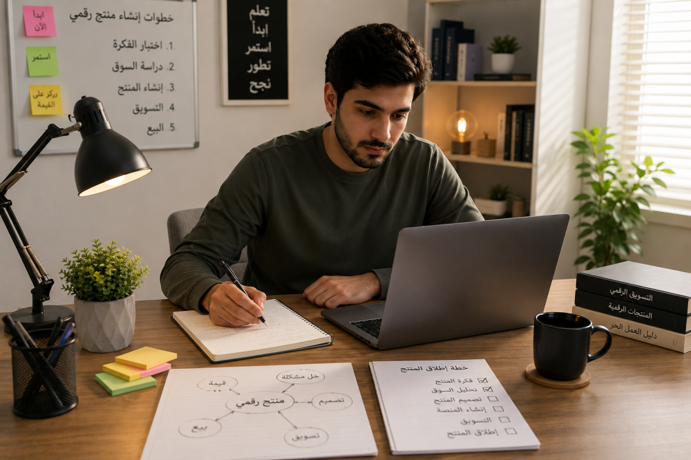 شاب يعمل على إنشاء منتج رقمي