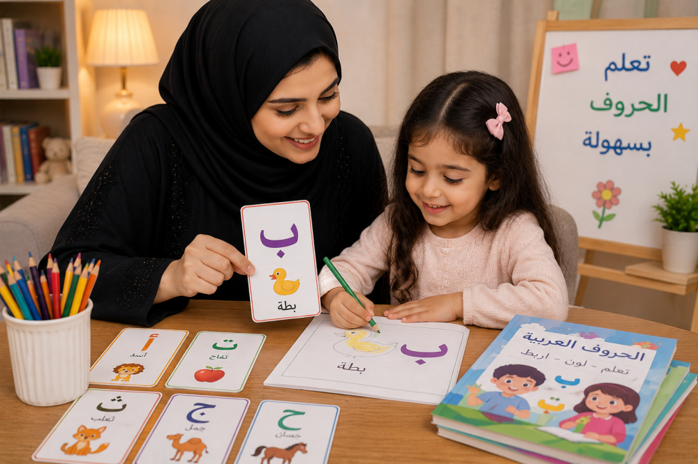 أم تعلم طفلها الحروف العربية باستخدام بطاقات تعليمية