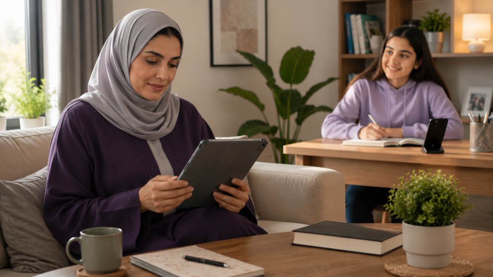 أم تقرأ كتابًا لتنظيم استخدام ابنتها المراهقة للجوال