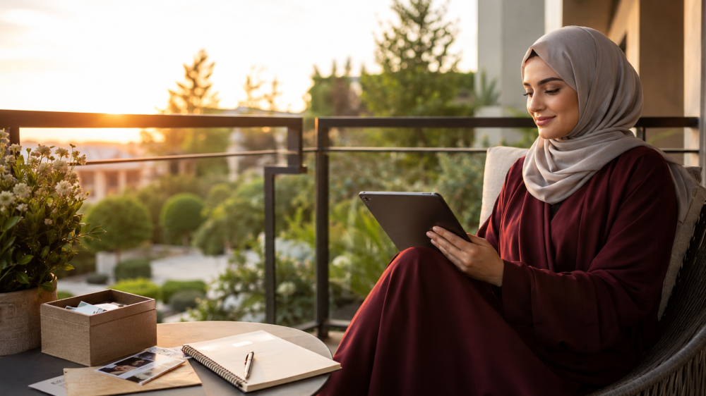 امرأة تقرأ كتابًا رقميًا لبدء التعافي بعد الانفصال