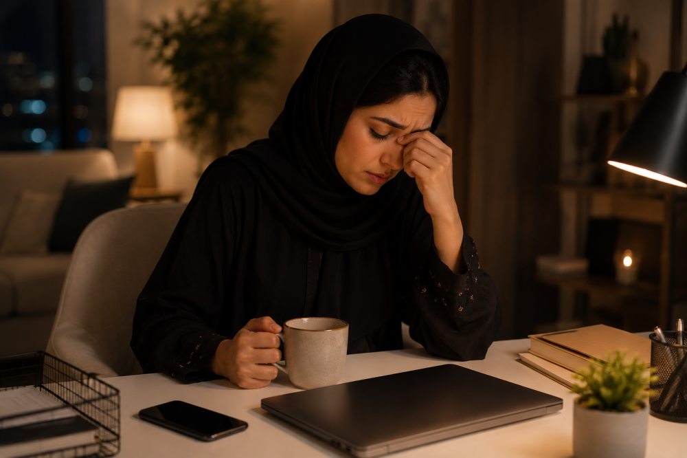 امرأة تحاول تهدئة غضبها بعد ضغط العمل والتوتر