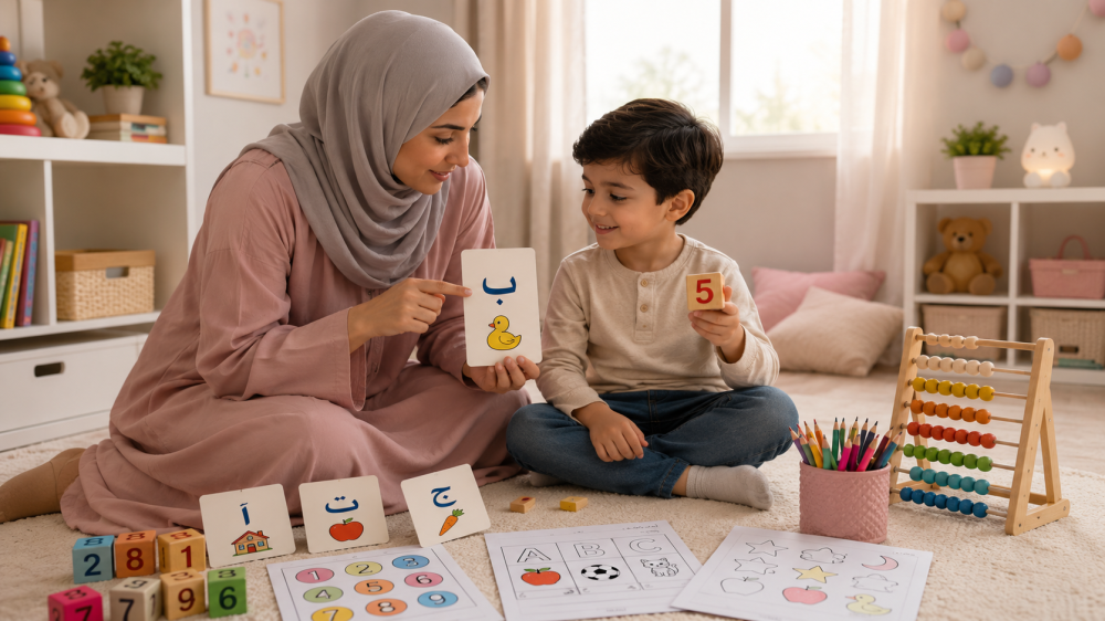 أم تعلّم طفلها الحروف والأرقام بكتب مطبوعة