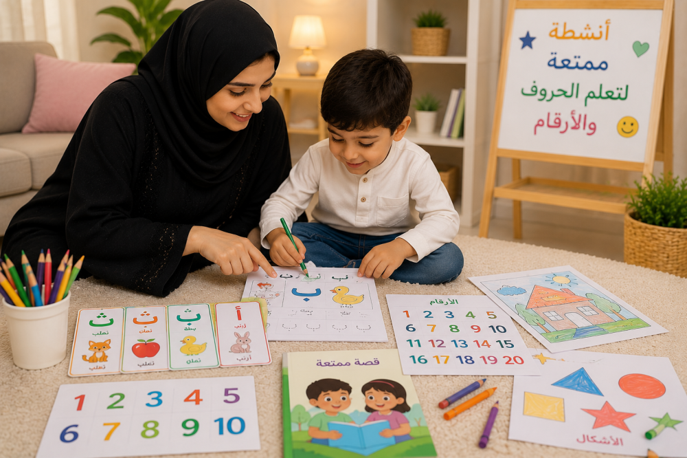 أم تنفذ أنشطة تعليمية مع طفلها عمر 4 سنوات