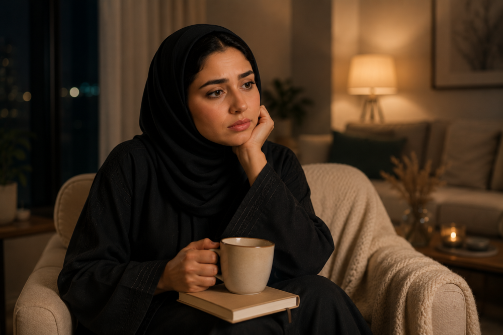 امرأة تتأمل مشاعرها وتحاول فهم ما يحدث بداخلها بهدوء ووعي