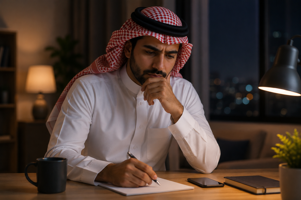رجل يفكر بهدوء قبل اتخاذ قرار مهم لتجنب الندم لاحقًا