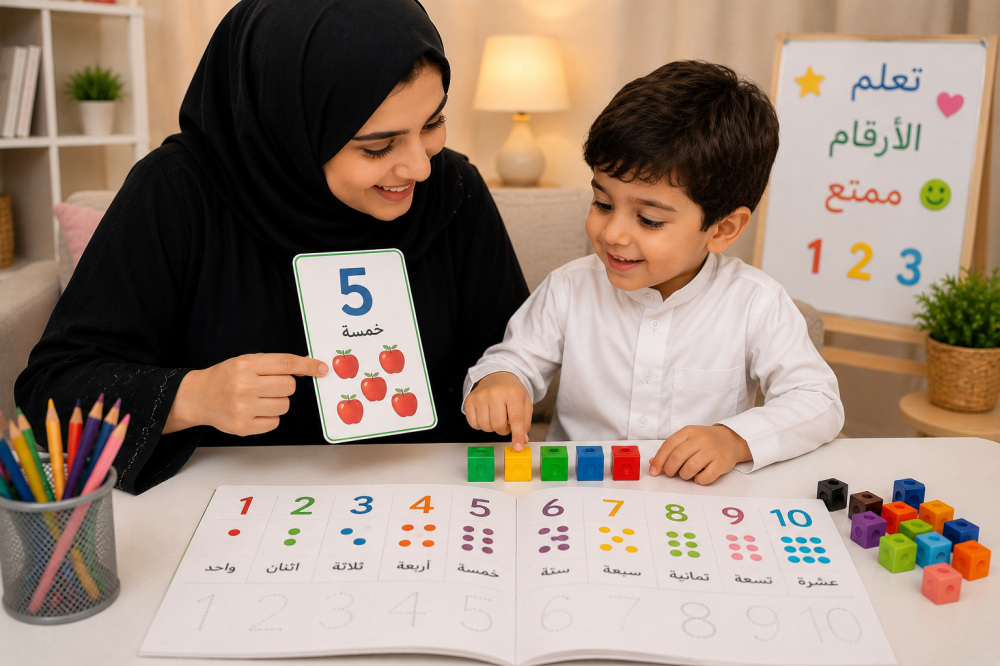 أم تعلم طفلها الأرقام باستخدام بطاقات تعليمية