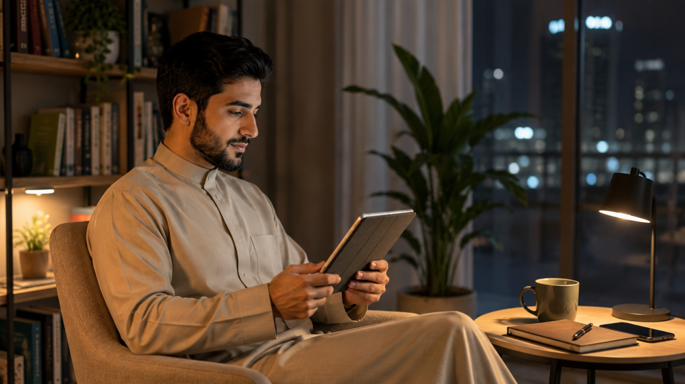 رجل يقرأ كتابًا رقميًا لفك التعلق واستعادة نفسه