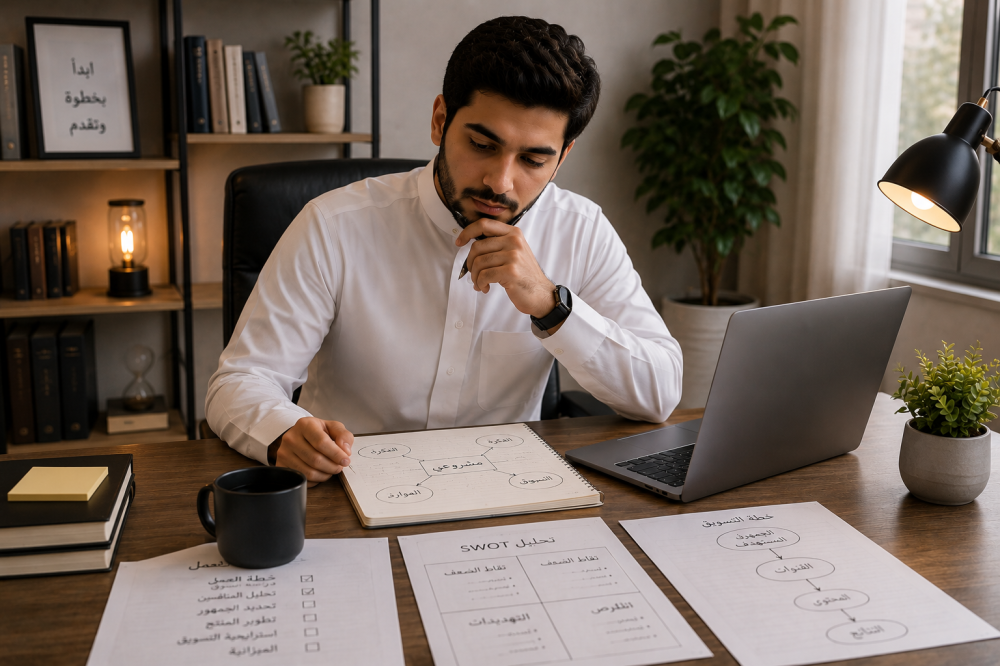 رجل يراجع خطة مشروعه قبل الانطلاق