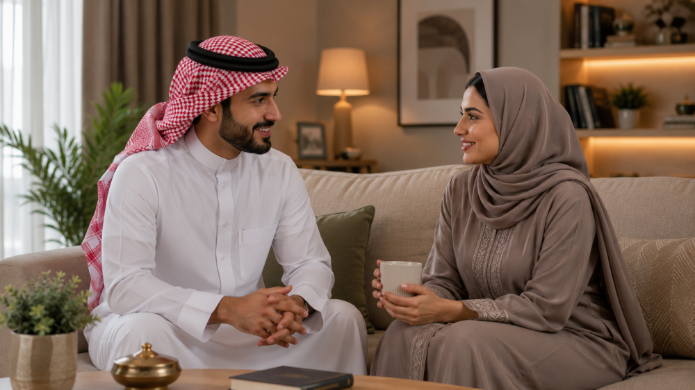 زوجان يجلسان بهدوء ويتبادلان الحديث في أجواء تعكس المودة والتفاهم