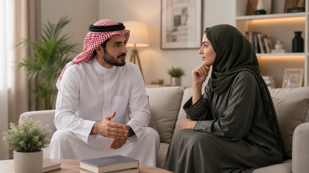 زوجان شابان في جلسة حوار هادئة تعكس الوعي والاستعداد للحياة الزوجية
