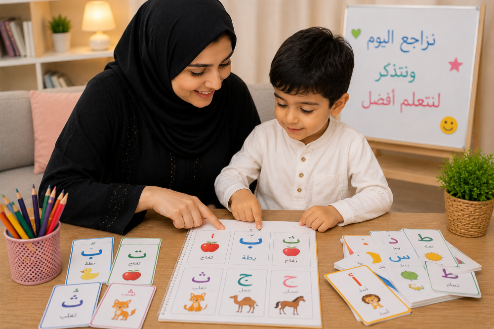 أم تساعد طفلها على مراجعة الحروف العربية
