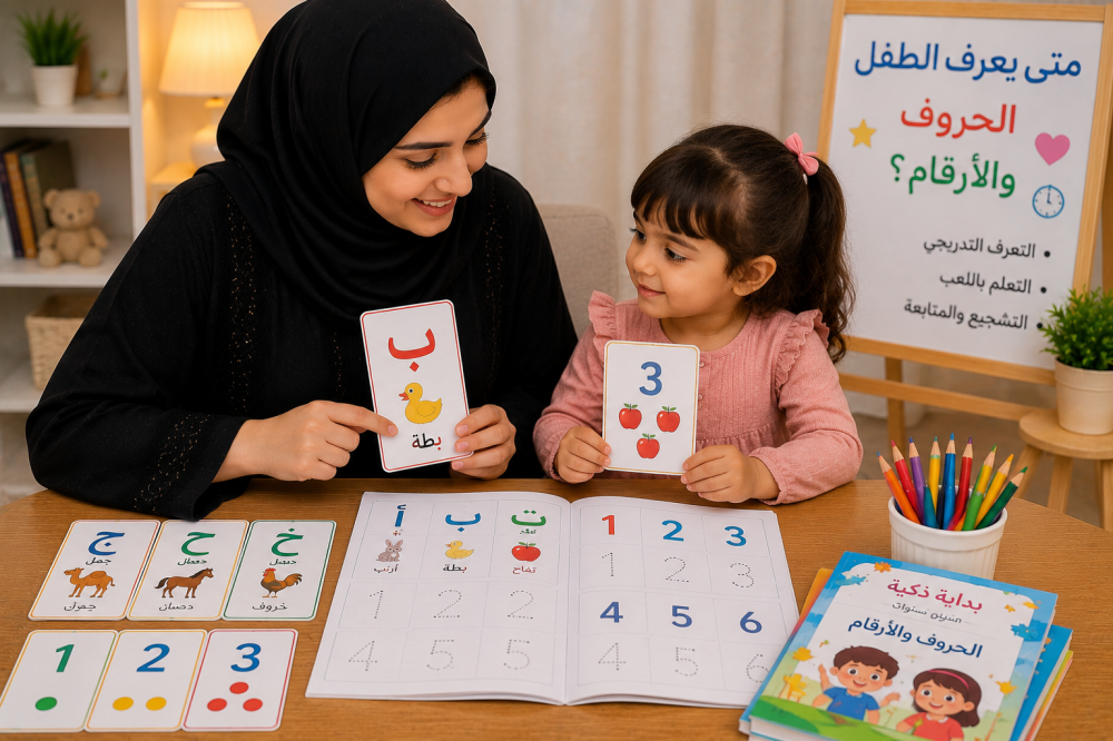 أم تتابع تعلم طفلها للحروف والأرقام