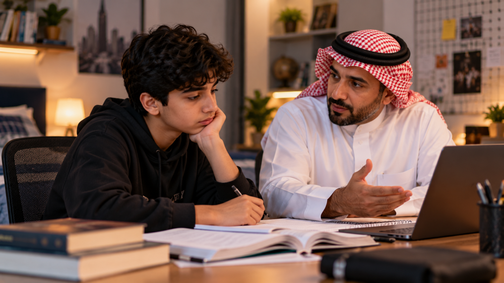 أب يساعد ابنه المراهق على تنظيم المذاكرة بهدوء