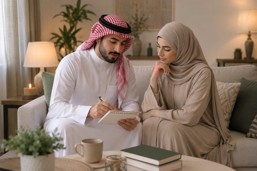شاب وفتاة يستعدان للزواج ويتناقشان بهدوء قبل بداية الحياة الزوجية