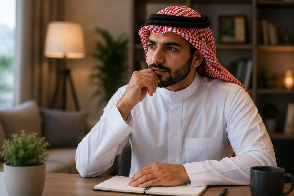 رجل يحاول التحكم في غضبه والتفكير بهدوء قبل الرد