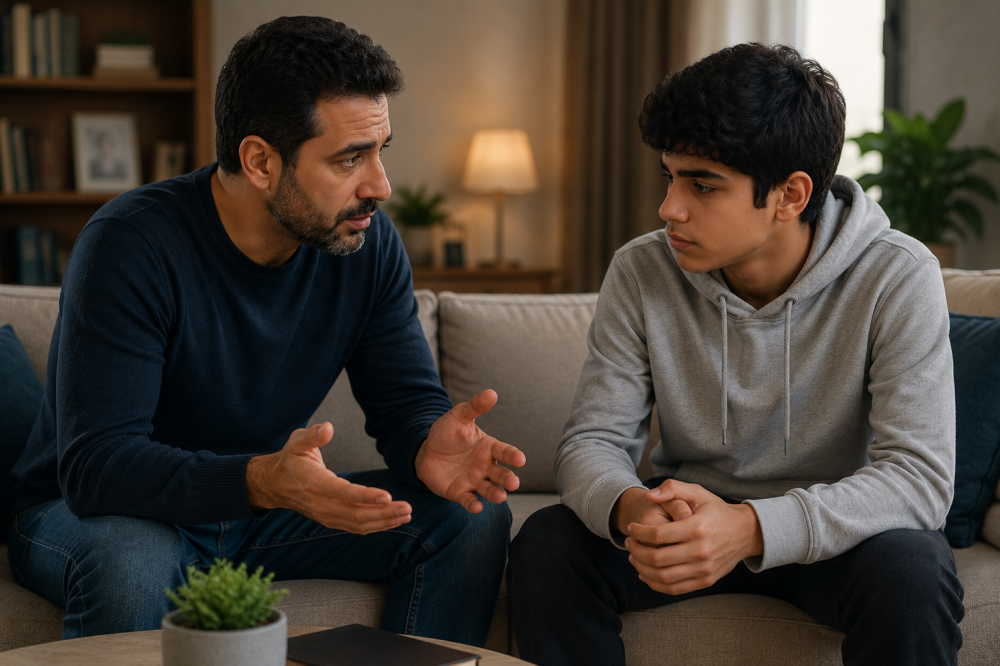أب يناقش ابنه المراهق بهدوء