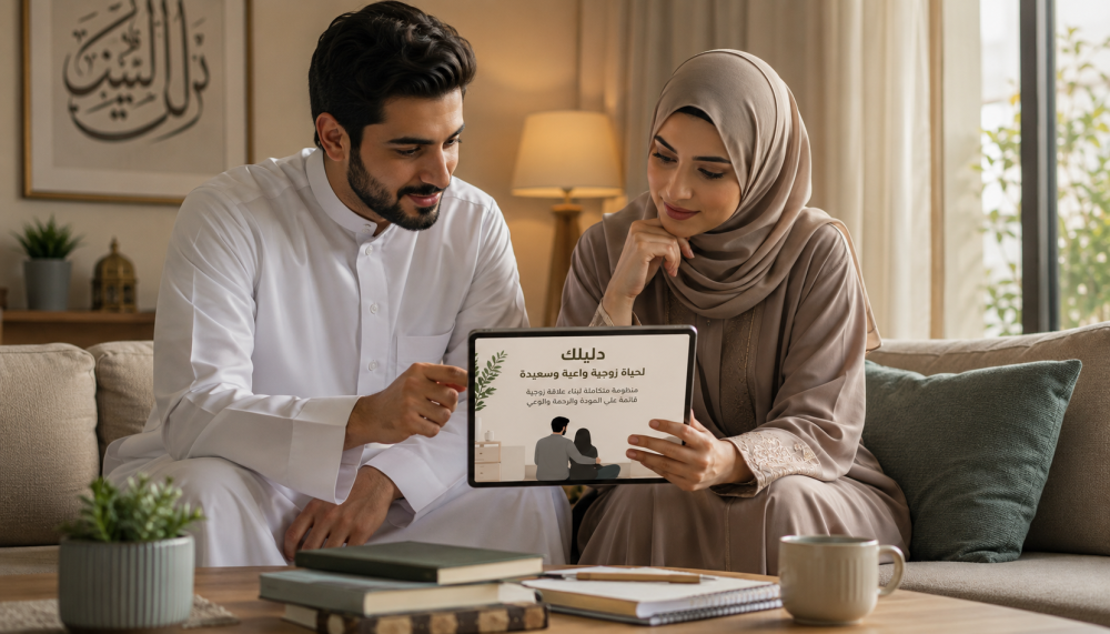 زوجان يقرآن دليلًا رقميًا للاستعداد الواعي للزواج