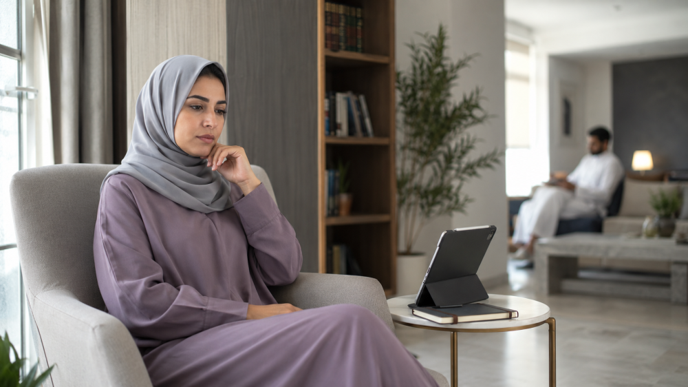 زوجة تفكر بهدوء بعد تعبها من أسلوب زوجها