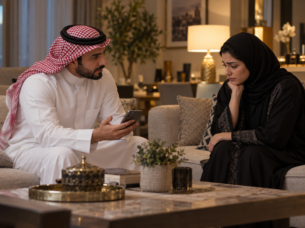 زوجان يناقشان الشك وتفتيش الجوال وحدود الخصوصية