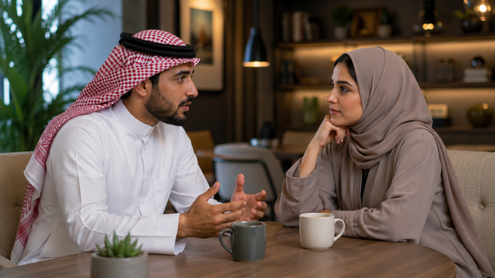 زوجان يتحاوران باهتمام لفهم مشاعر بعضهما