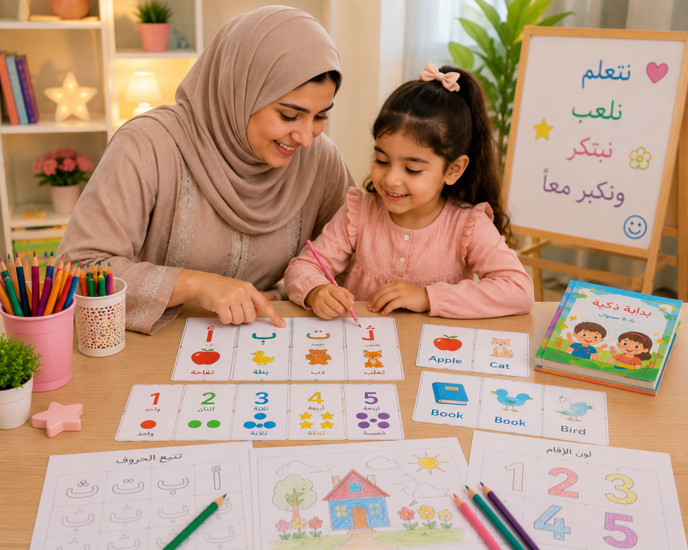 أم تساعد طفلها على اكتساب مهارات ما قبل المدرسة