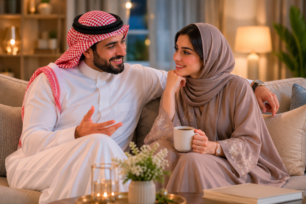 زوجان يتحدثان بمودة وتفاهم داخل المنزل