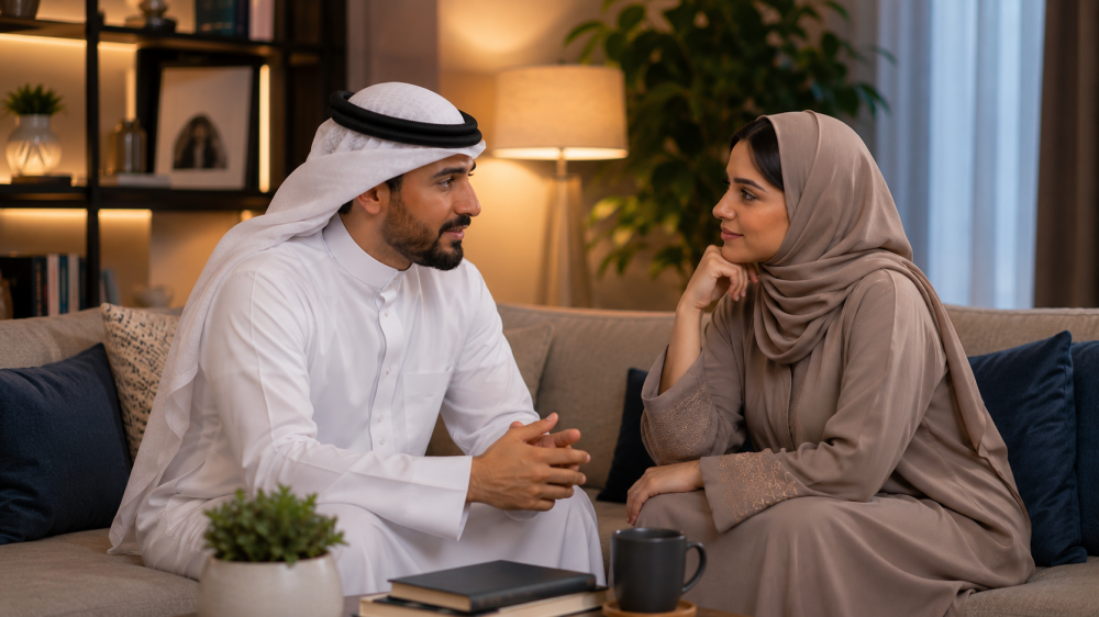 زوجان يتواصلان بهدوء في أجواء تعكس الذكاء العاطفي والتفاهم