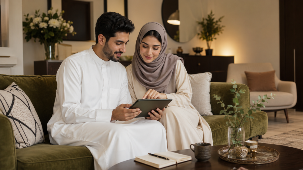 زوجان حديثا الزواج يقرآن دليلًا رقميًا للحياة الزوجية