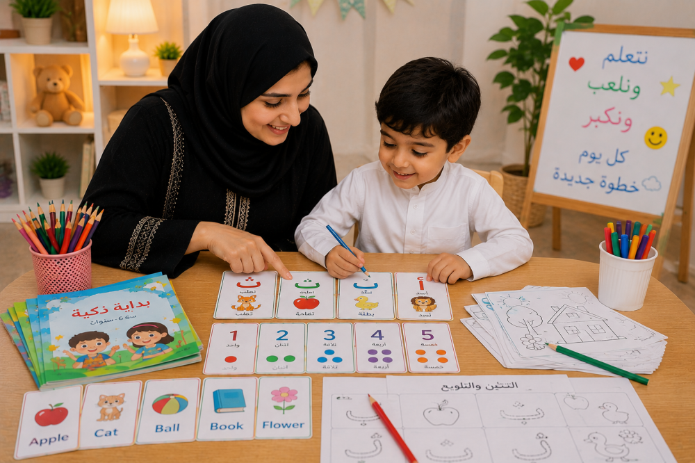أم تؤسس طفلها قبل المدرسة باستخدام أنشطة تعليمية