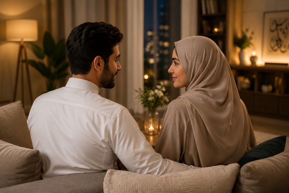 زوجان يعيشان حياة زوجية هادئة مبنية على المودة والوعي