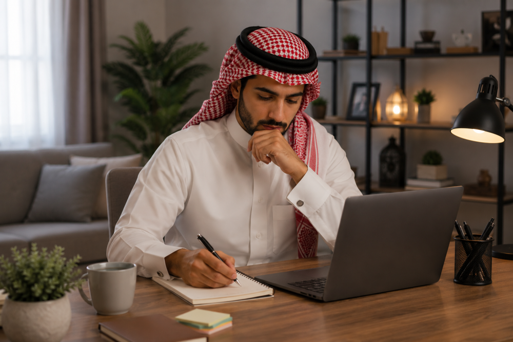 رجل يخطط لبدء مشروع من المنزل