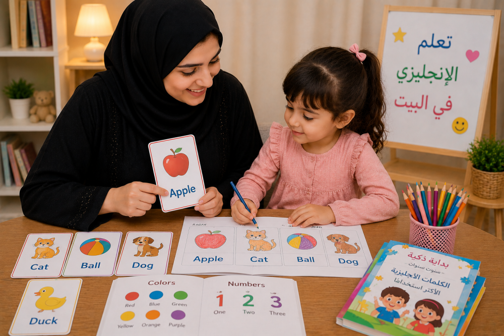 أم تعلم طفلتها كلمات إنجليزية باستخدام بطاقات تعليمية