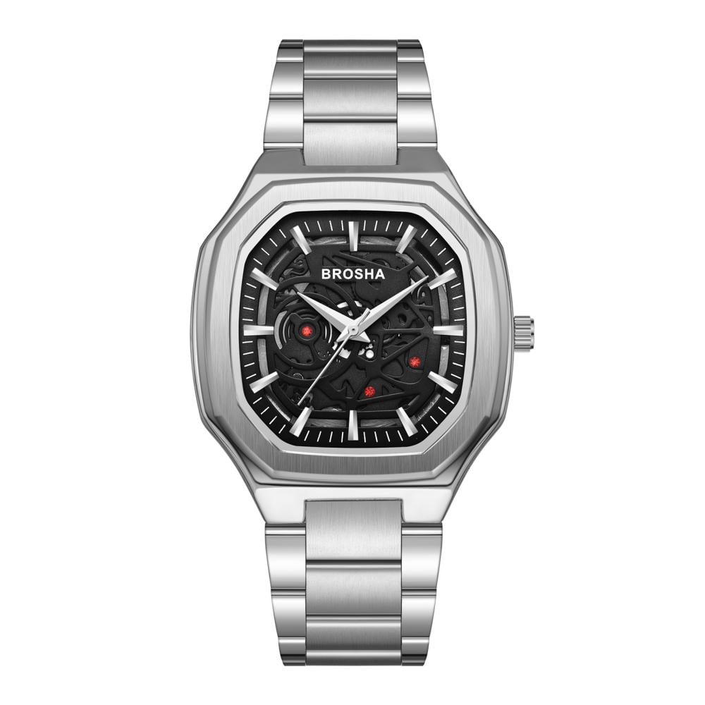 ساعة BROSHA رجالي استيل فضي مينا اسود