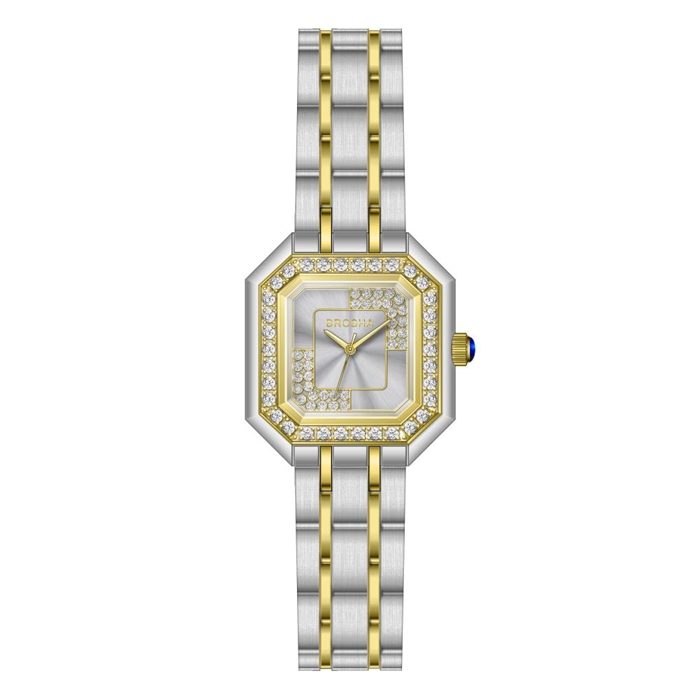 ساعه BROSHA نسائي فضي ذهبي مينا رمادي