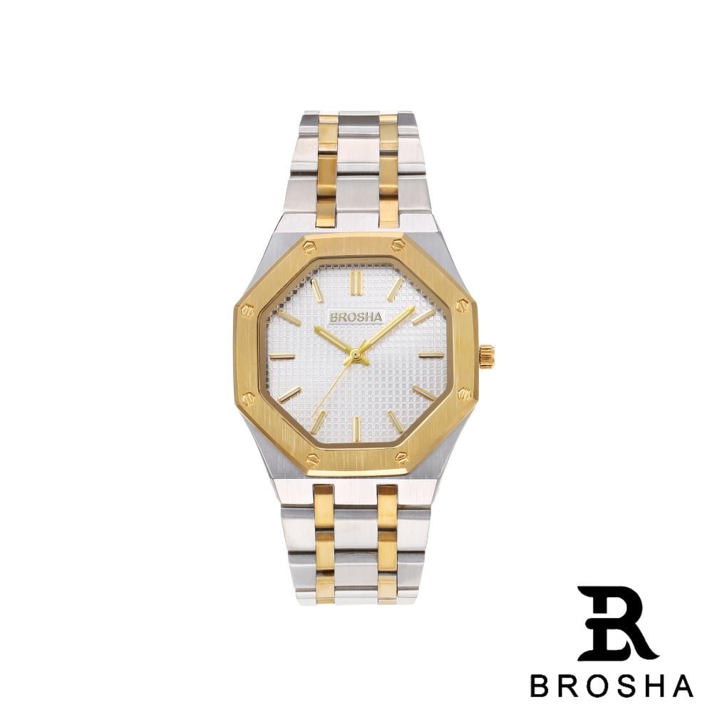 ساعة BROSHA رجالي استيل فض ذهبي مينا ابيض
