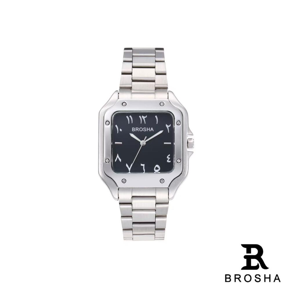 ساعة BROSHA رجالي استيل فضي مينا اسود