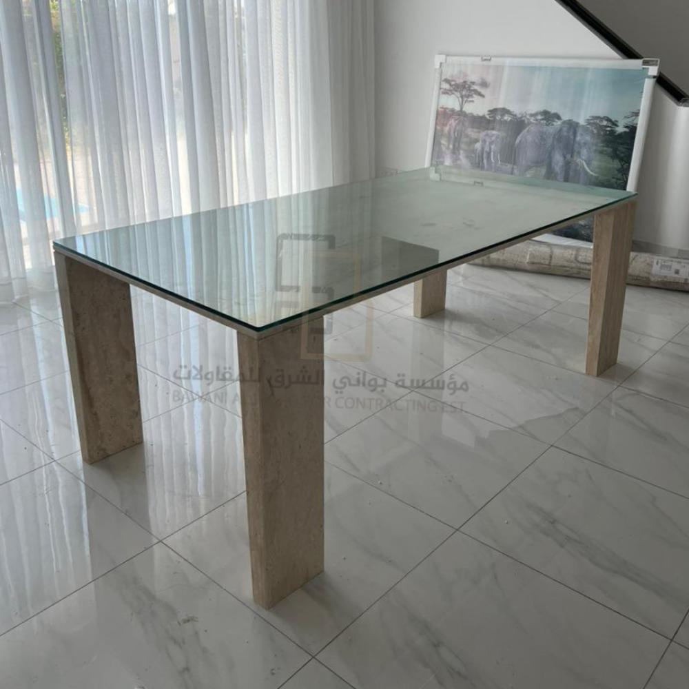 Dining table glass top and marble bases without chairs مصنع