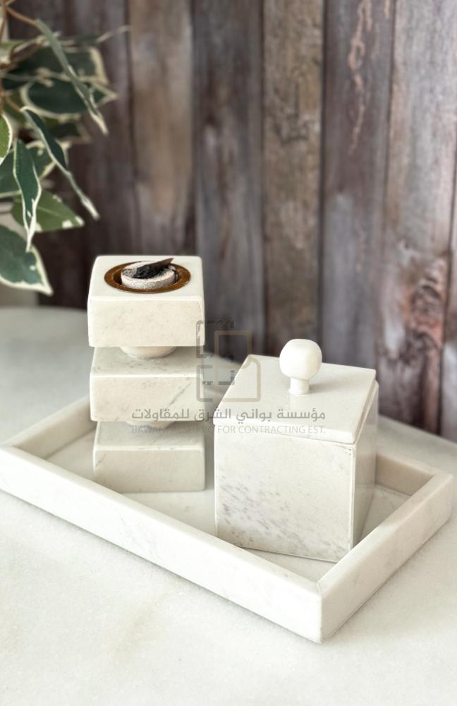 طقم مبخرة فنية من ثلاث قطع - صينية وصندوق تخزين العود مع مبخرة فنية من رخام طبيعي