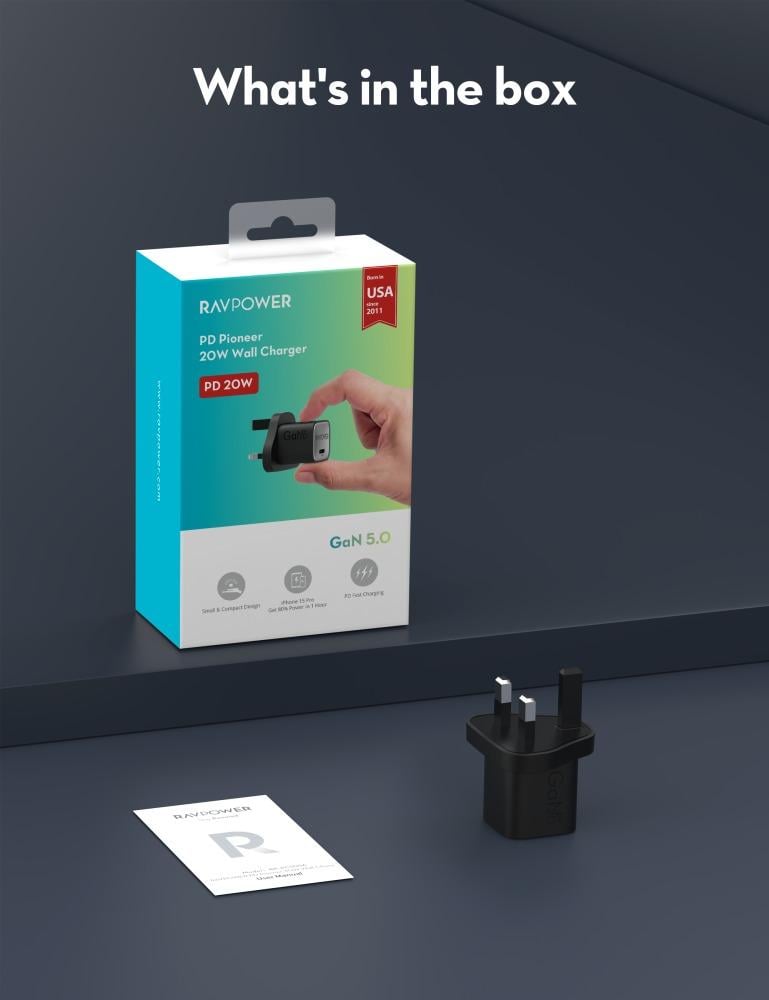 شاحن جداري راف باور بمنفذ تايب سي بقوة 20 واط - اسود