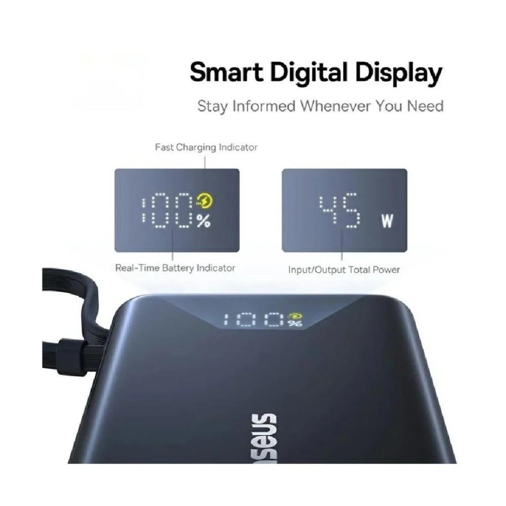 Baseus 10,000mAh 45W Power Bank with Built-in Type-C Cable - Black