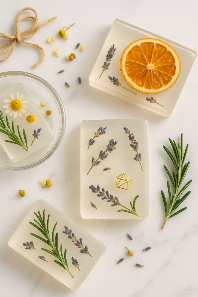 Incorporating herbs, flowers, and figurines into glycerin soap… without fading or cloudiness