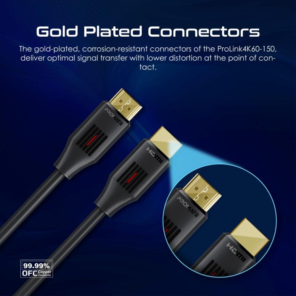 كابل HDMI بدقة 4K@60 هرتز، يدعم ايثرنت عالي السرعة وصوت ثلاثي الأبعاد، أحادي الاتجاه مصنوع من ألياف بصرية، يأتي بطول 1.5 متر - Promate ProLink4K60-150