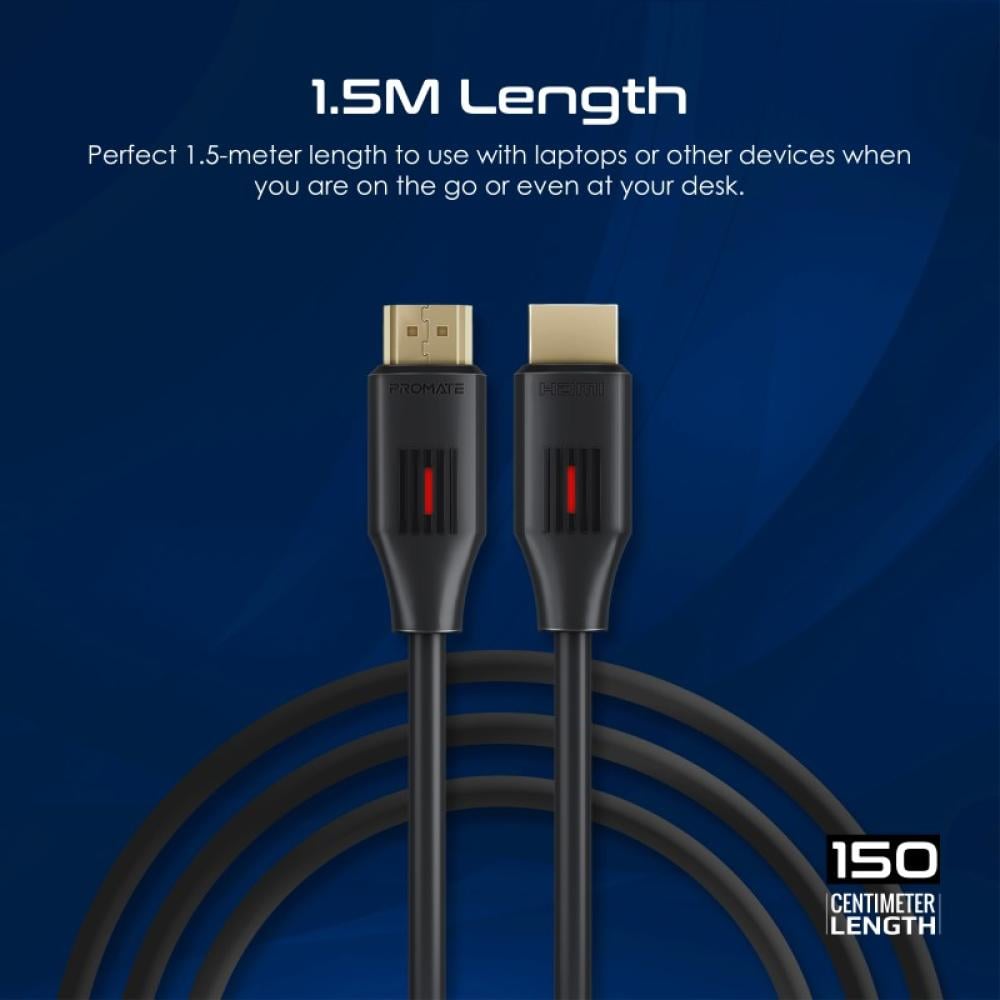 كابل HDMI بدقة 4K@60 هرتز، يدعم ايثرنت عالي السرعة وصوت ثلاثي الأبعاد، أحادي الاتجاه مصنوع من ألياف بصرية، يأتي بطول 1.5 متر - Promate ProLink4K60-150